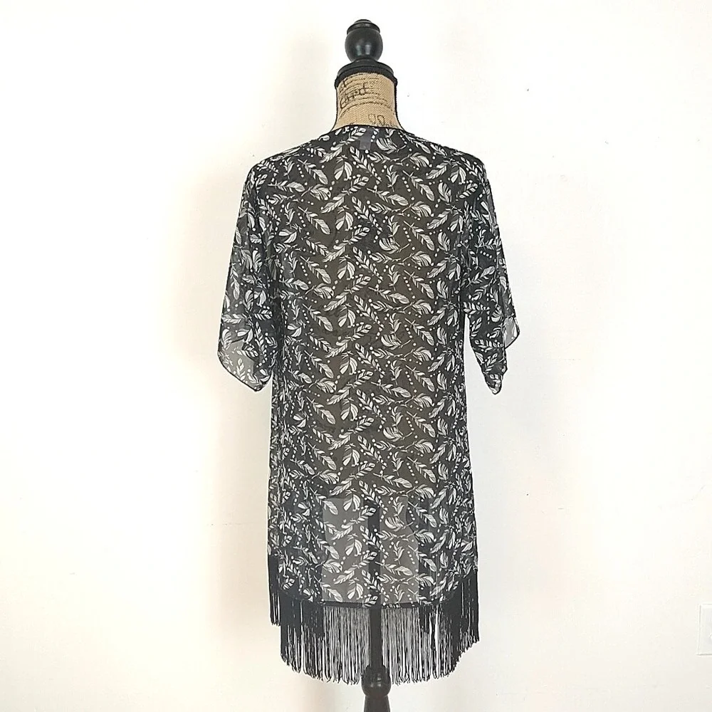 LuLaRoe Kimono Cardigan Womens S Black Feather Print Fringe Trim Sheer Boho